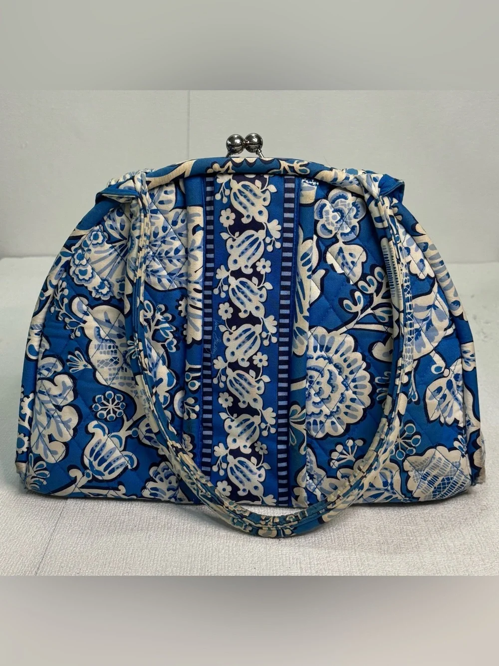 Vera Bradley Blue and White Quilted Floral Frame-Top Tote